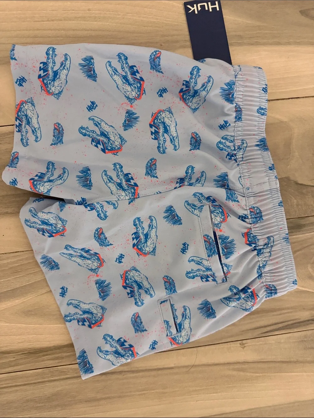 Huk Light Blue Allover Gator Swim Shorts with Orange Drawstring